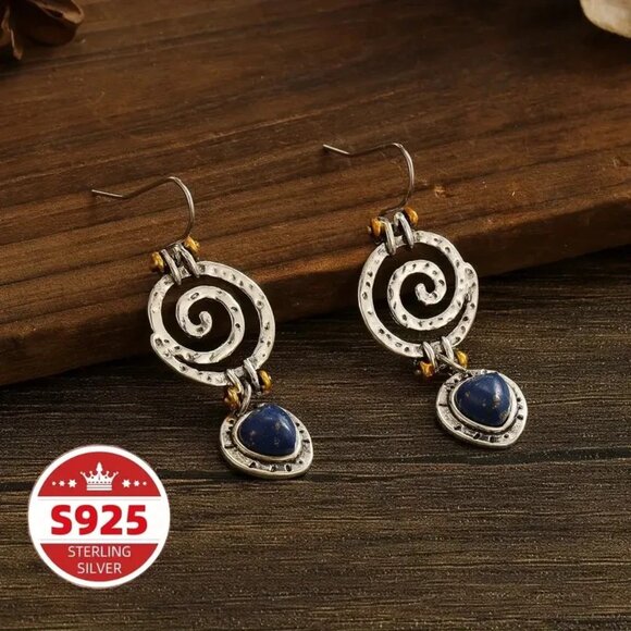 Retro Synthetic Lapis Lazuli Earrings – Hollow Spiral Hammer Hanging Design NWOT - Picture 3 of 6